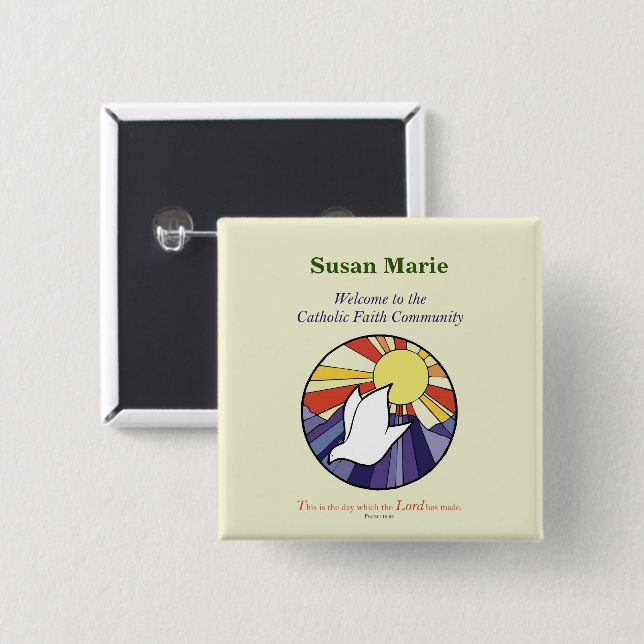 Personalise Name, RCIA Dove Circle on Yellow 15 Cm Square Badge (Front & Back)