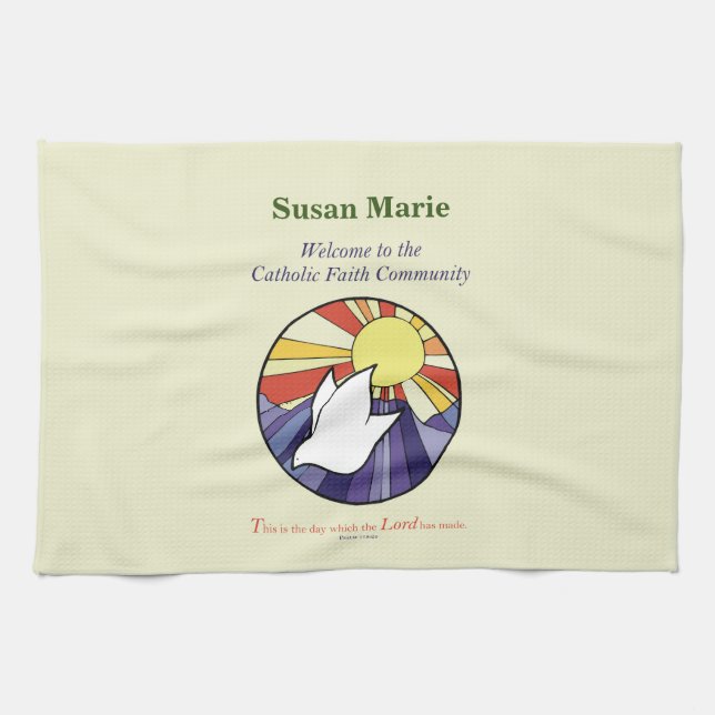 Personalise Name, RCIA Dove Circle on Yellow Tea Towel (Horizontal)