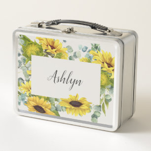 Personalise Name Sunflower Script Font Metal Lunch Box