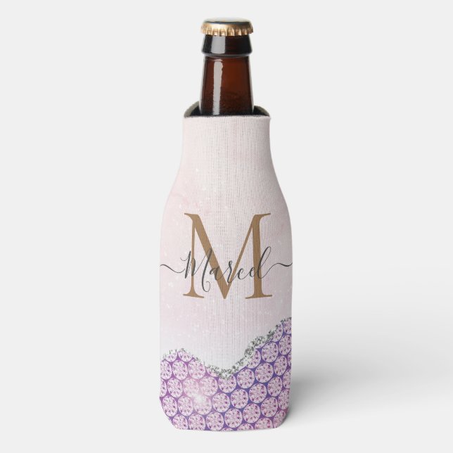 Personalise Name Trendy Pink Purple Silver Agate Bottle Cooler (Bottle Front)