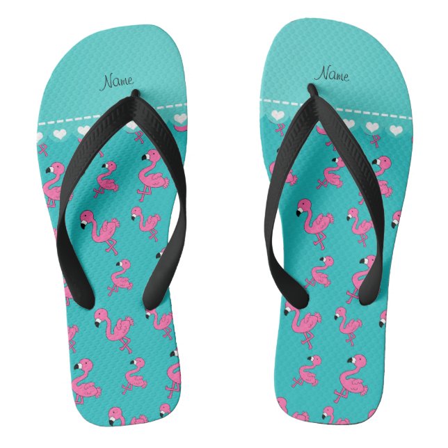 Personalise name turquoise pink flamingos flip flops (Footbed)