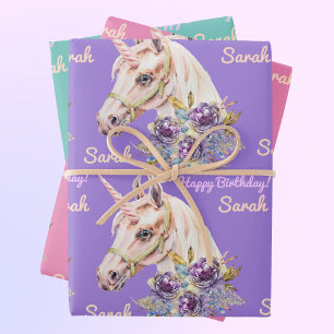 Personalise Name Unicorn Girl's Birthday Party Wrapping Paper Sheet