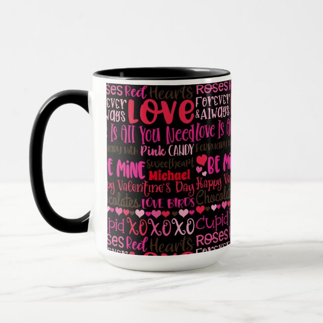 Personalise Name Valentines Day Red Hearts Black Mug (Left)