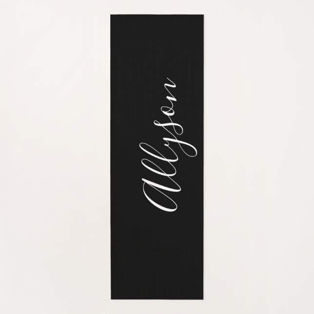 Personalise Name Vertical White Script, Black Yoga Mat (Front)