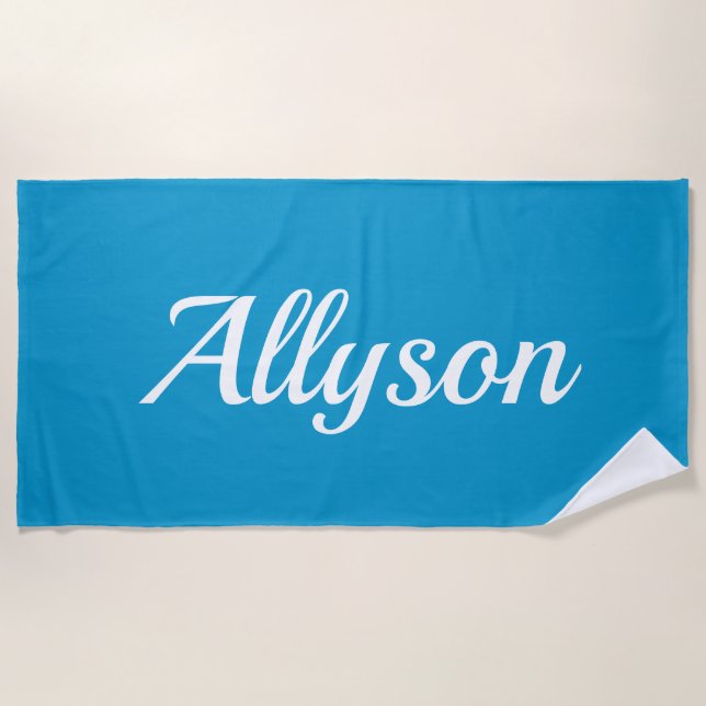 Personalise Name, White Script / Blue Beach Towel (Front)
