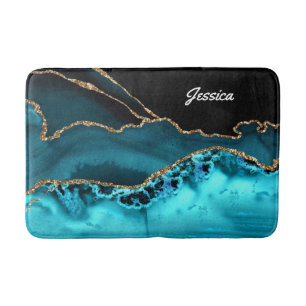 Personalise Name White Script on Black/Teal Agate Bath Mat