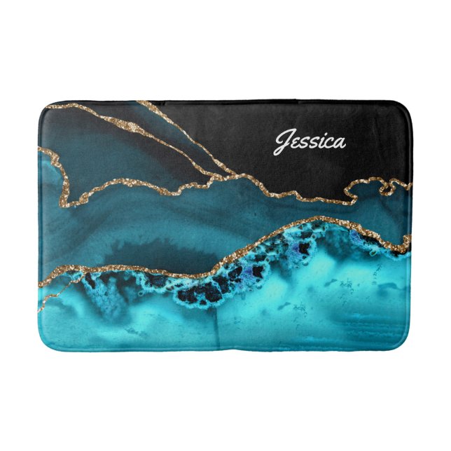 Personalise Name White Script on Black/Teal Agate Bath Mat (Front)