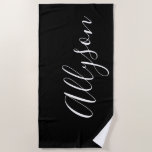 Personalise Name White Script Vertical, Black Beach Towel<br><div class="desc">Personalise your Name vertically In white Script Text on Black background. Click “Edit Using Design Tool” to change colours and type styles.</div>