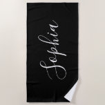 Personalise Name White Script Vertical, Black Beach Towel<br><div class="desc">Personalise your Name vertically In white Script Text on Black background. Click “Edit Using Design Tool” to change colours and type styles.</div>