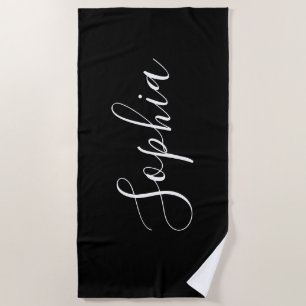 Personalise Name White Script Vertical, Black Beach Towel