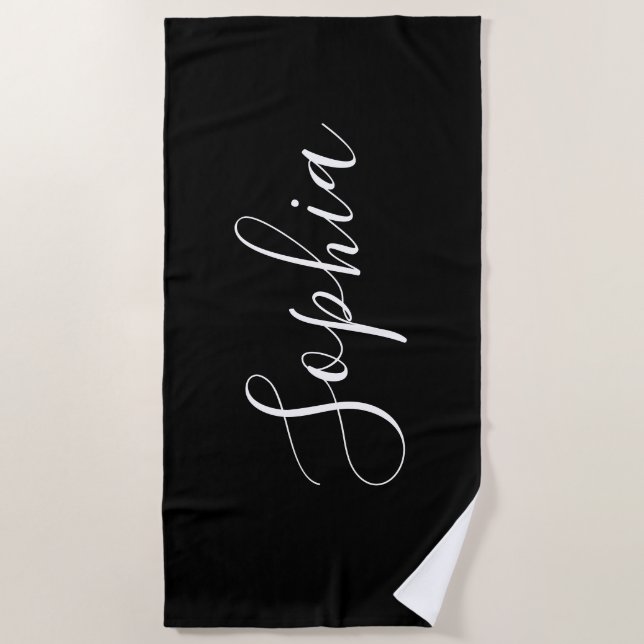 Personalise Name White Script Vertical, Black Beach Towel (Front)