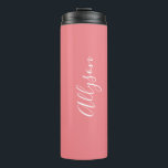 Personalise Name White Script Vertical, Coral Thermal Tumbler<br><div class="desc">Personalise your Name vertically In white Script Text on Coral background. Click “Customise” to change colours and type styles.</div>