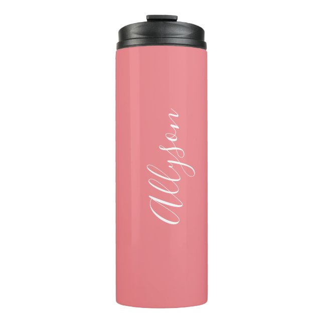 Personalise Name White Script Vertical, Coral Thermal Tumbler (Front)