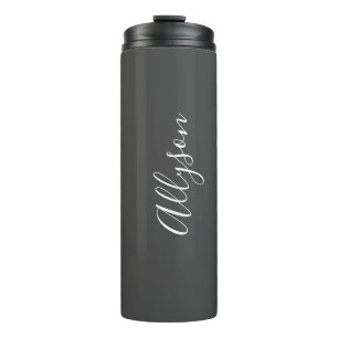 Personalise Name White Script Vertical, Dark Grey Thermal Tumbler