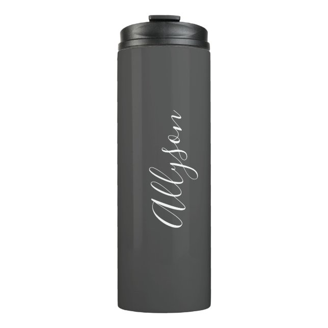 Personalise Name White Script Vertical, Dark Grey Thermal Tumbler (Front)