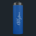 Personalise Name White Script Vertical, Deep Blue Thermal Tumbler<br><div class="desc">Personalise your Name vertically In white Script Text on Deep Blue background. Click “Edit Using Design Tool” to change colours and type styles.</div>