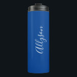 Personalise Name White Script Vertical, Deep Blue Thermal Tumbler<br><div class="desc">Personalise your Name vertically In white Script Text on Deep Blue background. Click “Customise” to change colours and type styles.</div>