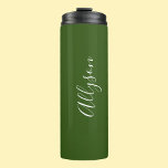 Personalise Name White Script Vertical ForestGreen Thermal Tumbler<br><div class="desc">Personalise your Name vertically In white Script Text on Forest Green background. Click “Customise” to change colours and type styles.</div>
