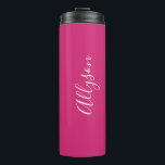 Personalise Name White Script Vertical, Fuchsia Thermal Tumbler<br><div class="desc">Personalise your Name vertically In white Script Text on Fuchsia background. Click “Customise” to change colours and type styles.</div>