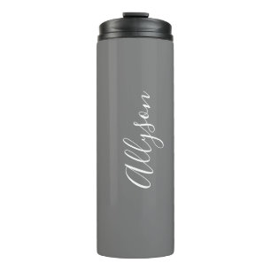 Personalise Name White Script Vertical, Grey Thermal Tumbler