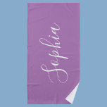 Personalise Name White Script Vertical, Lavender Beach Towel<br><div class="desc">Personalise your Name vertically In white Script Text on Lavender background. Click “Edit Using Design Tool” to change colours and type styles.</div>