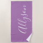 Personalise Name White Script Vertical, Lavender Beach Towel<br><div class="desc">Personalise your Name vertically In white Script Text on Lavender background. Click “Edit Using Design Tool” to change colours and type styles.</div>