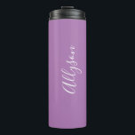Personalise Name White Script Vertical, Lavender Thermal Tumbler<br><div class="desc">Personalise your Name vertically In white Script Text on Lavender background. Click “Customise” to change colours and type styles.</div>