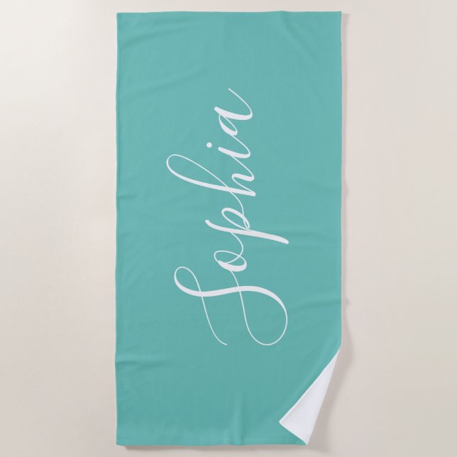 Personalise Name White Script Vertical, Light Teal Beach Towel (Front)