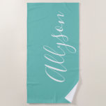 Personalise Name White Script Vertical, Light Teal Beach Towel<br><div class="desc">Personalise your Name vertically In white Script Text on Light Teal background. Click “Edit Using Design Tool” to change colours and type styles.</div>