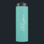 Personalise Name, White Script Vertical, Lt. Teal Thermal Tumbler<br><div class="desc">Personalise your Name vertically In white Script Text on light teal background. Click “Customise” to change colours and type styles.</div>