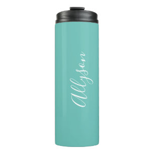 Personalise Name, White Script Vertical, Lt. Teal Thermal Tumbler