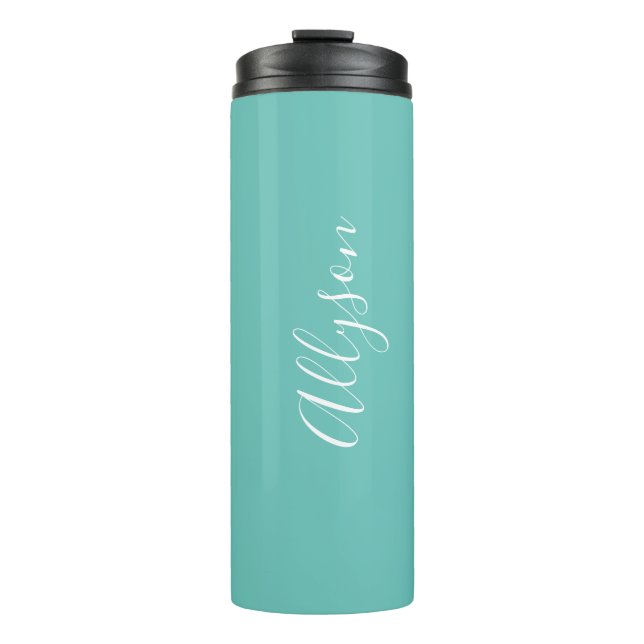 Personalise Name, White Script Vertical, Lt. Teal Thermal Tumbler (Front)