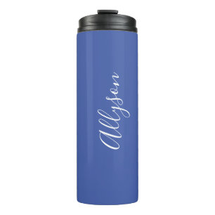 Personalise Name White Script Vertical, Med Blue Thermal Tumbler