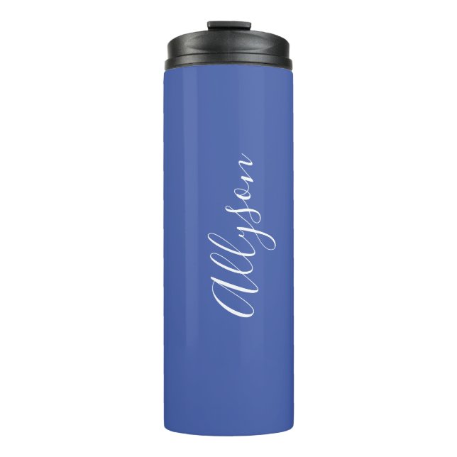 Personalise Name White Script Vertical, Med Blue Thermal Tumbler (Front)
