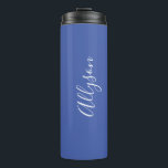 Personalise Name White Script Vertical, Med. Blue Thermal Tumbler<br><div class="desc">Personalise your Name vertically In white Script Text on Medium Blue background. Click “Edit Using Design Tool” to change colours and type styles.</div>