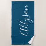 Personalise Name White Script Vertical, Ocean Blue Beach Towel<br><div class="desc">Personalise your Name vertically In white Script Text on Ocean Blue background. Click “Edit Using Design Tool” to change colours and type styles.</div>