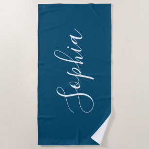 Personalise Name White Script Vertical, Ocean Blue Beach Towel