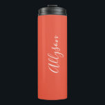Personalise Name White Script Vertical, Orange Red Thermal Tumbler<br><div class="desc">Personalise your Name vertically In white Script Text on Orange Red background. Click “Customise” to change colours and type styles.</div>