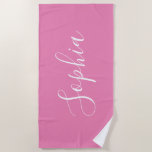 Personalise Name White Script Vertical, Pink Beach Towel<br><div class="desc">Personalise your Name vertically In white Script Text on Pink background. Click “Edit Using Design Tool” to change colours and type styles.</div>