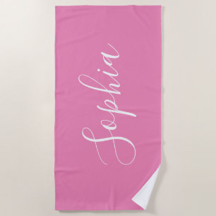 Personalise Name White Script Vertical, Pink Beach Towel