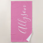 Personalise Name White Script Vertical, Pink Beach Towel<br><div class="desc">Personalise your Name vertically In white Script Text on Pink background. Click “Edit Using Design Tool” to change colours and type styles.</div>