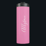 Personalise Name White Script Vertical, Pink Thermal Tumbler<br><div class="desc">Personalise your Name vertically In white Script Text on Pink background. Click “Customise” to change colours and type styles.</div>