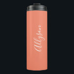 Personalise Name White Script Vertical, Salmon Thermal Tumbler<br><div class="desc">Personalise your Name vertically In white Script Text on Salmon background. Click “Customise” to change colours and type styles.</div>