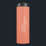 Personalise Name White Script Vertical, Salmon Thermal Tumbler<br><div class="desc">Personalise your Name vertically In white Script Text on Salmon background. Click “Customise” to change colours and type styles.</div>