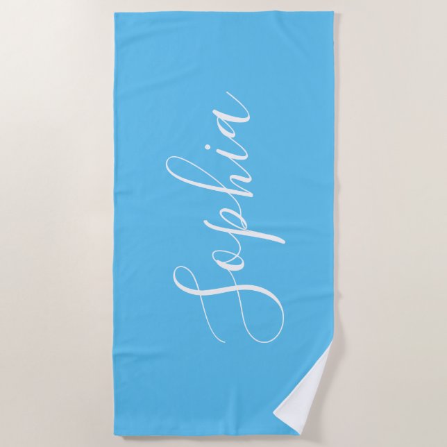 Personalise Name White Script Vertical, Sky Blue Beach Towel (Front)