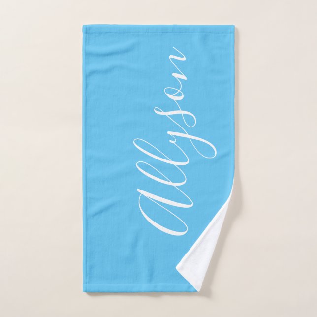Personalise Name White Script Vertical, Sky Blue Hand Towel (Hand Towel)