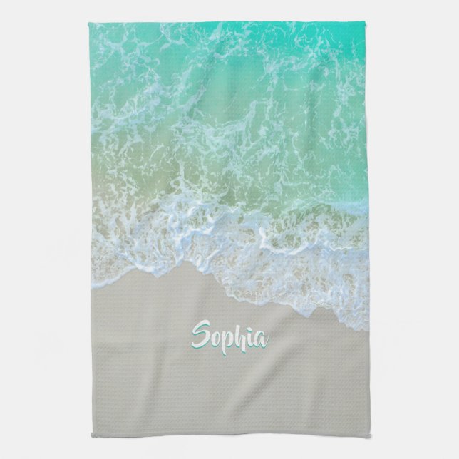 Personalise Name, White & Teal, Gentle Beach Waves Tea Towel (Vertical)