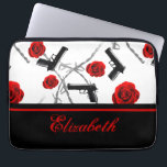 Personalise Name Women's Red Rose Gun Barbed Wire Laptop Sleeve<br><div class="desc">Personalise this women's laptop sleeve by adding your own name inside the black and red frame. The design is a repeating red rose,  gun and barbed wire pattern. This design is for strong women,  beautiful and delicate but who can be harsh and deadly.</div>