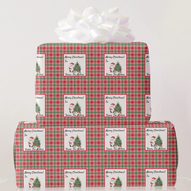 Personalise Names Christmas Red & Geen Plaid Santa Wrapping Paper (Creator Uploaded)
