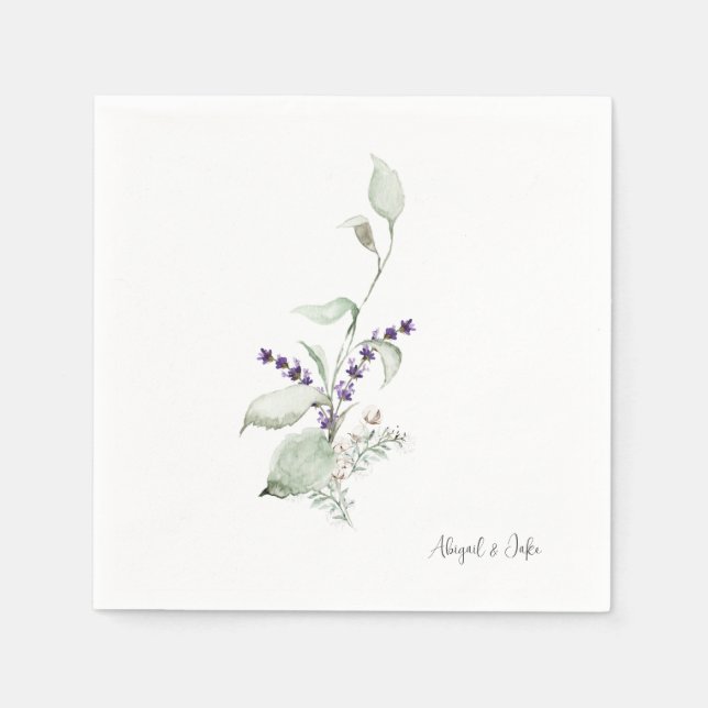 Personalise Names Foliage & Lavender Wedding Napkin (Front)